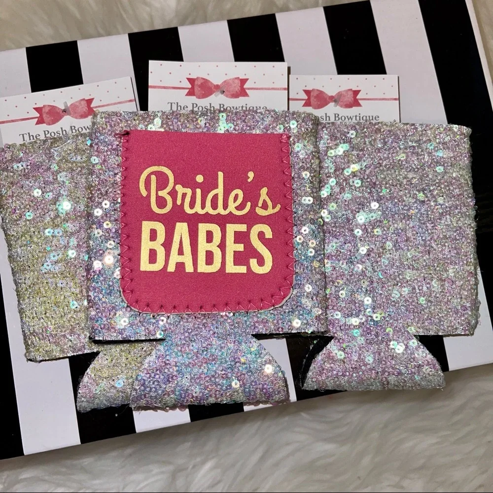 NWT White Iridescent Sequin Bride’s Babes Pink Pocket Short Drink Coozies Set